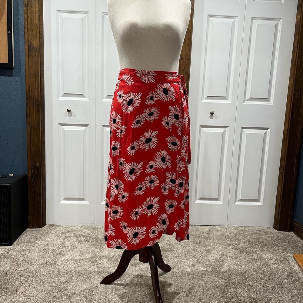 Anthropologie Red Floral Midi Skirt